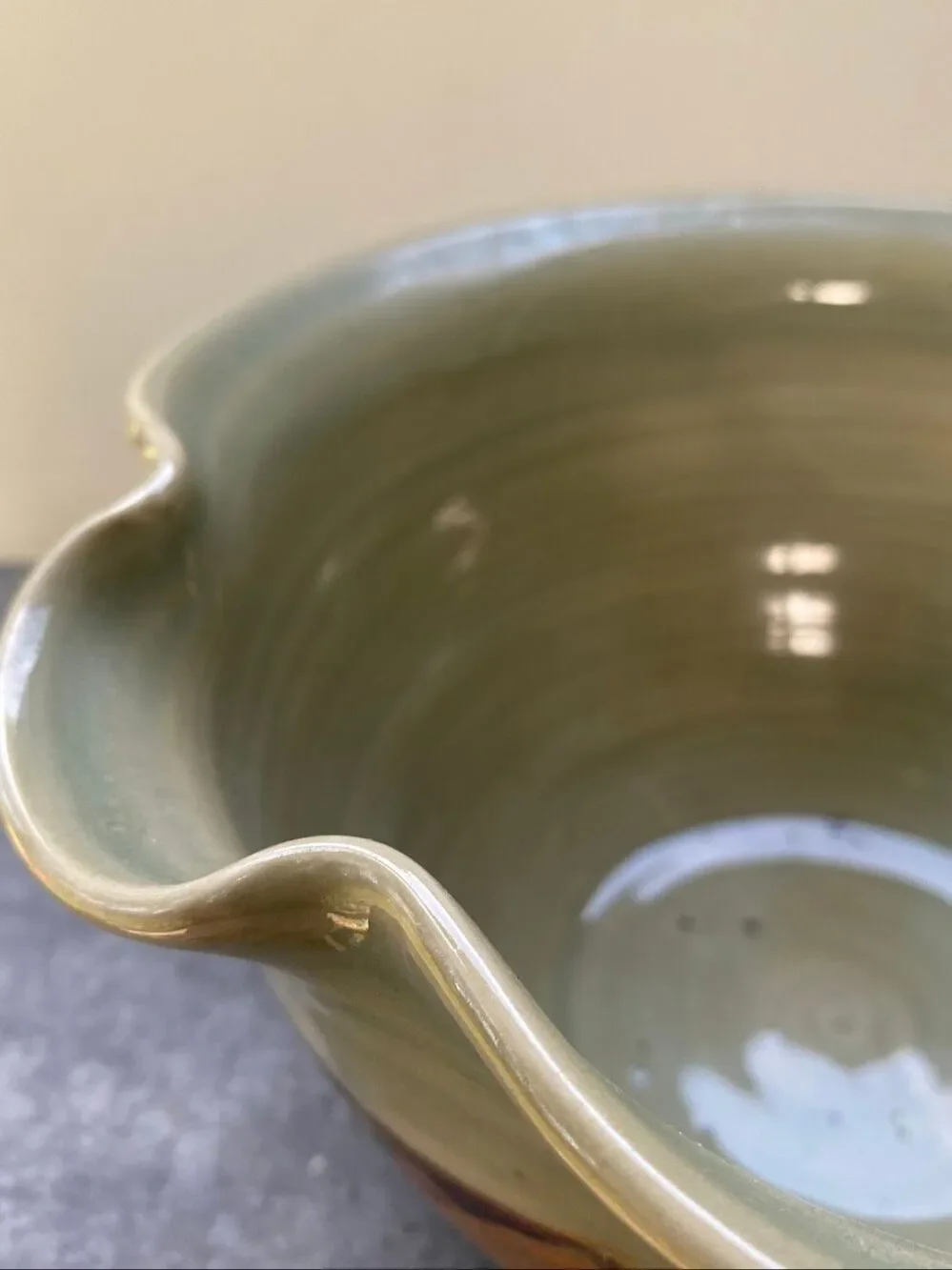 Clouds Folsom Studio Art Pottery Bowl Drip Glaze Sage Brown Rustic Cottage